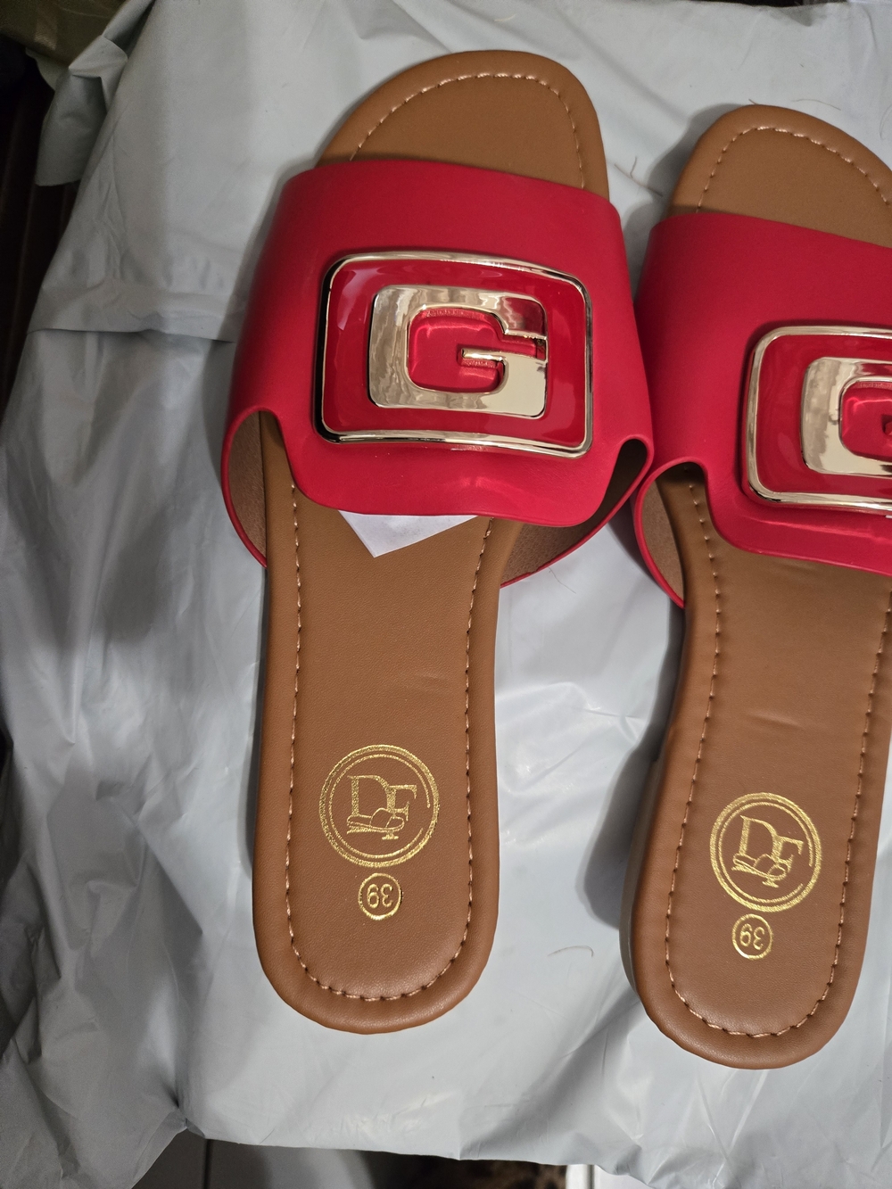 Red Slide Sandals with Gold Accent